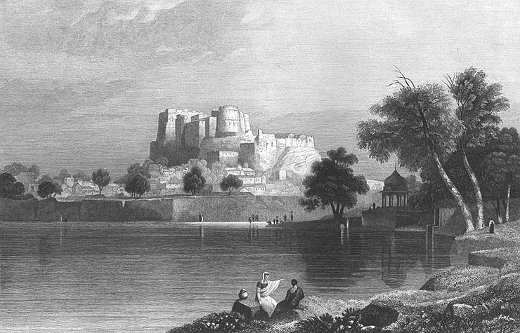 Amber Fort on its hilltop above Maota Lake, in a period engraving from around 1858