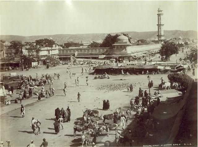 A busy 19th-century street scene captioned Principal Street in Jeypore, Jaipur's old colonial-era spelling